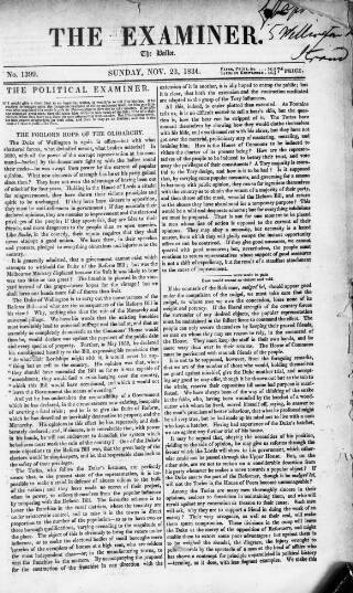 cover page of The Examiner published on November 23, 1834