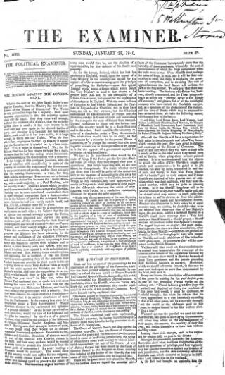 cover page of The Examiner published on January 26, 1840