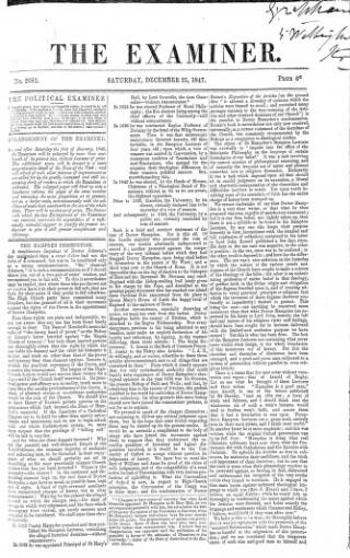 cover page of The Examiner published on December 25, 1847