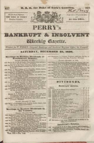 cover page of Perry's Bankrupt Gazette published on December 25, 1830