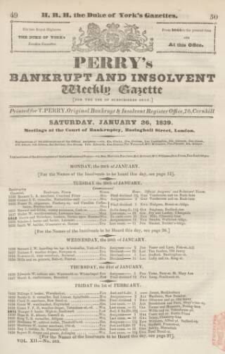 cover page of Perry's Bankrupt Gazette published on January 26, 1839