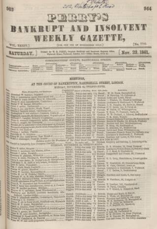 cover page of Perry's Bankrupt Gazette published on November 23, 1861