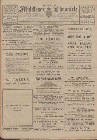 cover page of Middlesex Chronicle published on November 23, 1918