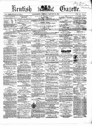 cover page of Kentish Gazette published on January 26, 1858