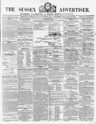 cover page of Sussex Advertiser published on December 25, 1855