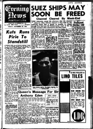 cover page of Portsmouth Evening News published on November 23, 1956