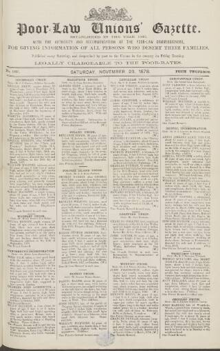 cover page of Poor Law Unions' Gazette published on November 23, 1878