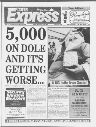 cover page of Dover Express published on December 25, 1992