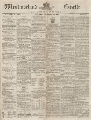 cover page of Westmorland Gazette published on December 25, 1841