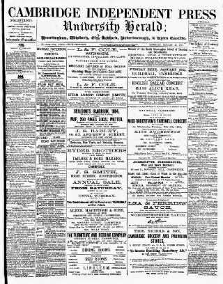 cover page of Cambridge Independent Press published on January 26, 1884