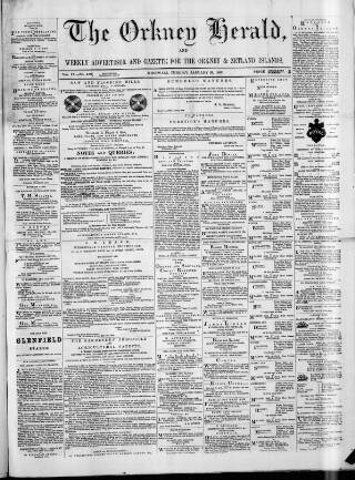 cover page of Orkney Herald, and Weekly Advertiser and Gazette for the Orkney & Zetland Islands published on January 26, 1869