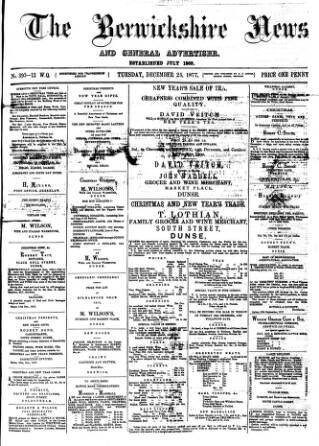 cover page of Berwickshire News and General Advertiser published on December 25, 1877