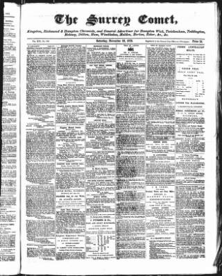 cover page of Surrey Comet published on November 23, 1872