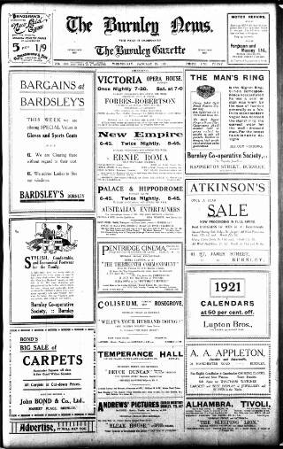 cover page of Burnley News published on January 26, 1921