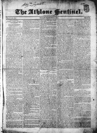 cover page of Athlone Sentinel published on December 25, 1835