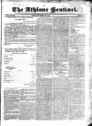 cover page of Athlone Sentinel published on November 23, 1838