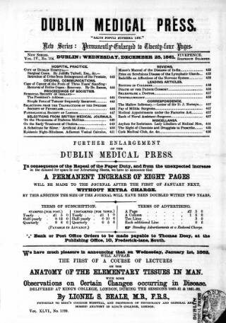 cover page of Dublin Medical Press published on December 25, 1861