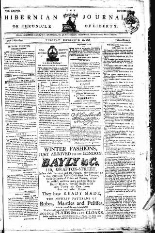 cover page of Hibernian Journal; or, Chronicle of Liberty published on December 20, 1808