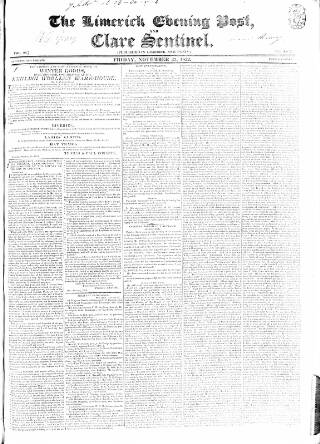 cover page of Limerick Evening Post published on November 23, 1832