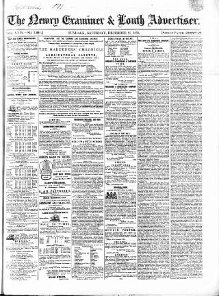 cover page of Newry Examiner and Louth Advertiser published on December 25, 1858