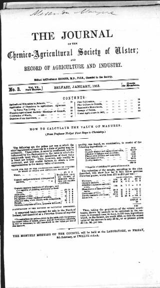 cover page of Journal of the Chemico-Agricultural Society of Ulster published on January 5, 1863