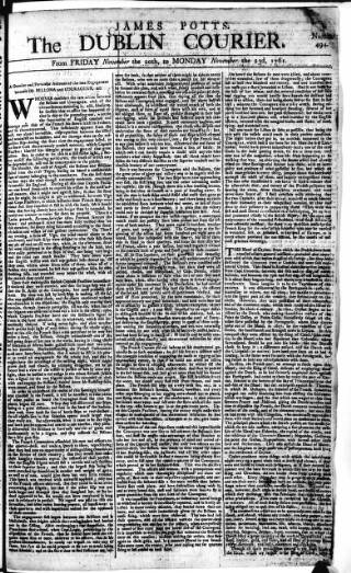 cover page of Dublin Courier published on November 23, 1761