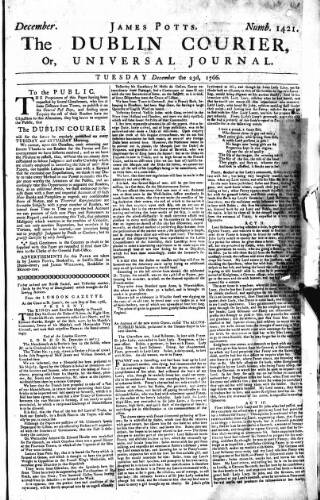 cover page of Dublin Courier published on December 23, 1766