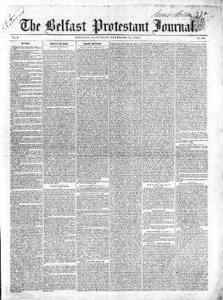 cover page of Belfast Protestant Journal published on December 25, 1847