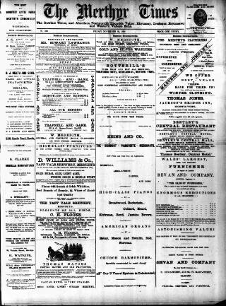 cover page of Merthyr Times, and Dowlais Times, and Aberdare Echo published on November 25, 1898