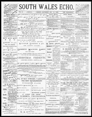 cover page of South Wales Echo published on December 25, 1880