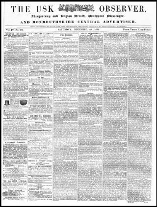 cover page of Usk Observer published on December 25, 1858