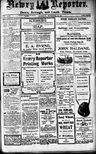 cover page of Newry Reporter published on November 23, 1911