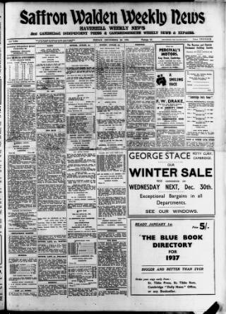 cover page of Saffron Walden Weekly News published on December 25, 1936