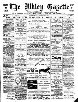 cover page of Ilkley Gazette and Wharfedale Advertiser published on November 23, 1889