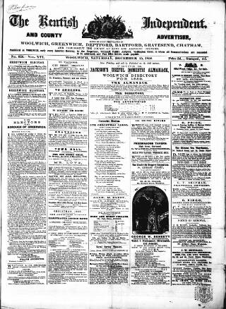 cover page of Kentish Independent published on December 25, 1858