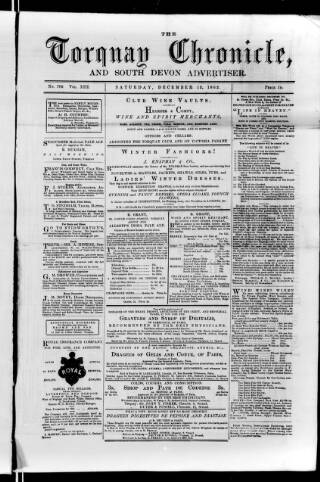 cover page of Torquay Chronicle and South Devon Advertiser published on December 13, 1862