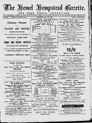 cover page of Hemel Hempstead Gazette published on November 23, 1889