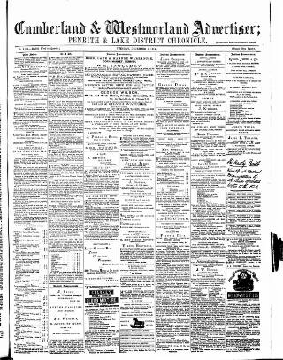 cover page of Cumberland and Westmorland Advertiser, and Penrith Literary Chronicle published on December 1, 1874