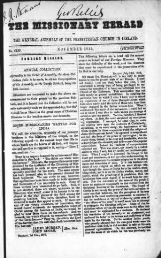 cover page of Missionary Herald of the Presbyterian Church in Ireland published on November 5, 1855