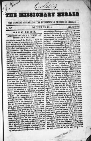 cover page of Missionary Herald of the Presbyterian Church in Ireland published on December 3, 1855