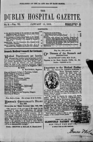 cover page of Dublin Hospital Gazette published on January 15, 1859