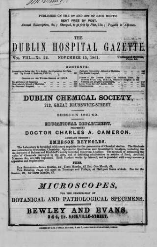 cover page of Dublin Hospital Gazette published on November 15, 1861