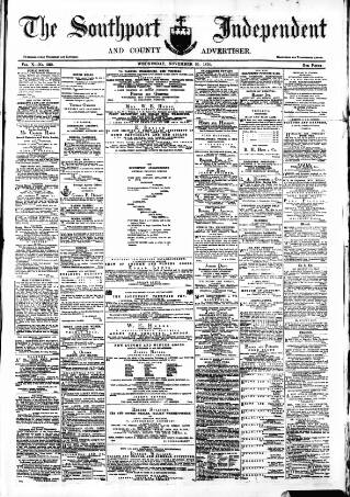 cover page of Southport Independent and Ormskirk Chronicle published on November 23, 1870