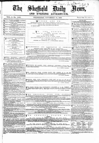 cover page of Sheffield Daily News published on November 23, 1859