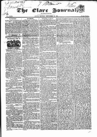 cover page of Clare Journal and Ennis Advertiser published on November 23, 1846