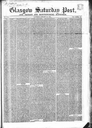 cover page of Glasgow Saturday Post, and Paisley and Renfrewshire Reformer published on January 26, 1861