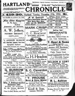 cover page of Hartland and West Country Chronicle published on December 27, 1932