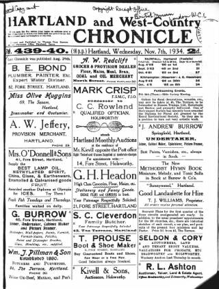 cover page of Hartland and West Country Chronicle published on November 7, 1934