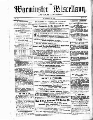 cover page of Warminster Miscellany, and Local Advertiser published on November 1, 1859