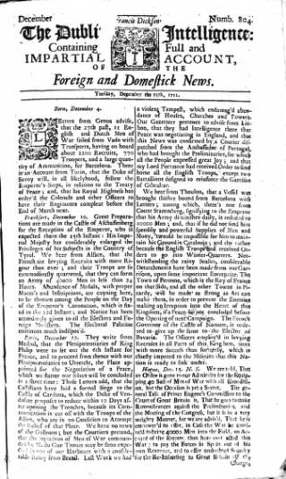 cover page of Dublin Intelligence published on December 25, 1711